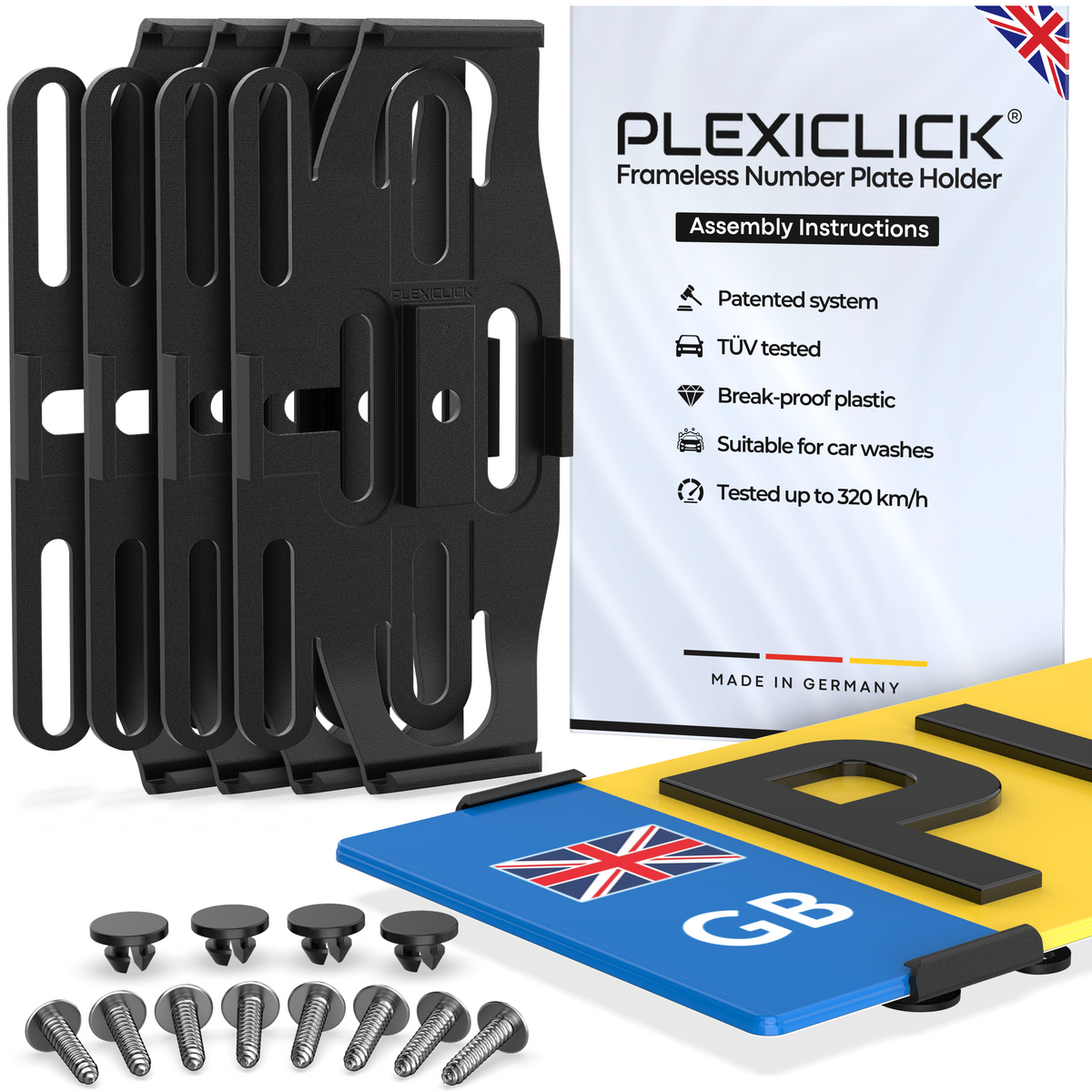 PLEXICLICK® V1.3D UK number plate holder clips – invisible and advert-free